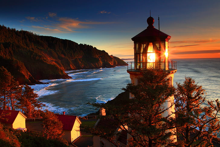 autumn, coast, landscape, lighthouse, ocean, oregon, sea, sunrise, sunset, HD wallpaper