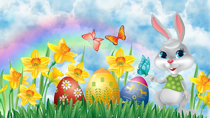 Дъга Великден, нарциси, зайче, трева, сладък, причудлив, дъга, пролет, заек, Великден, боядисани, яйца, цветни, HD тапет
