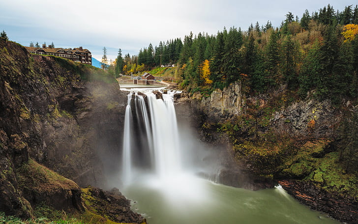 time lapse and landscape photography of water falls surrounded by pine trees, Scene, Twin Peaks, time lapse, landscape photography, water falls, pine trees, Snoqualmie Falls, long exposure, nature, Autumn, Pacific Northwest, Canon EOS 5D Mark III, B+W, ND, 1000x, Canon EF, 70mm, f/2, USM, washington, waterfall, forest, river, water, landscape, scenics, falling, tree, rock - Object, beauty In Nature, stream, outdoors, HD wallpaper