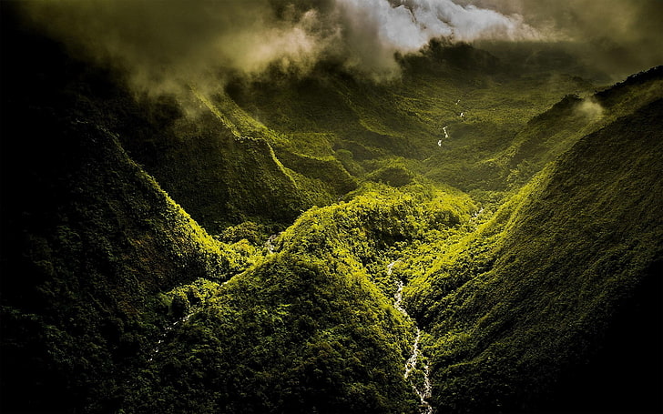green mountain, nature, landscape, mountains, mist, clouds, valley, river, forest, green, Hawaii, island, aerial view, HD wallpaper