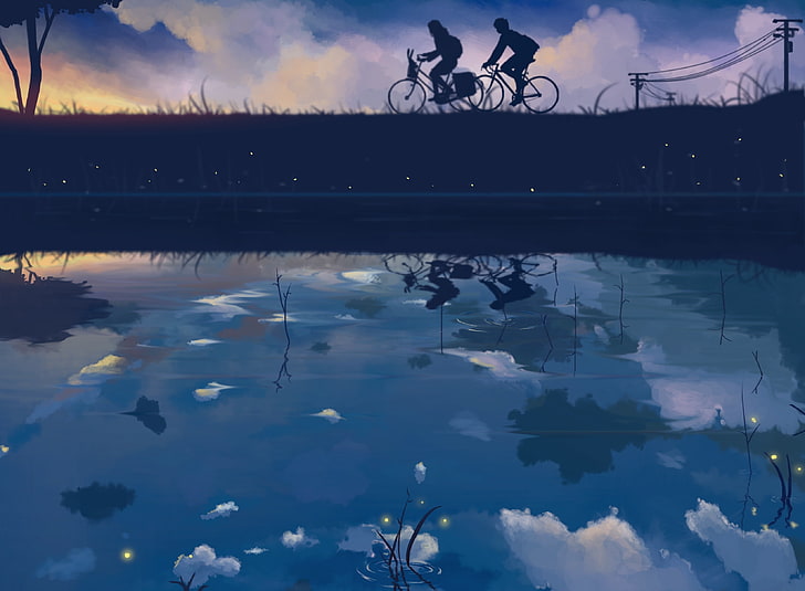 two people riding bicycles near body of water wallpaper, the sky, girl, stars, clouds, bike, reflection, fireflies, wire, anime, art, guy, dias mardianto, donsaid, HD wallpaper