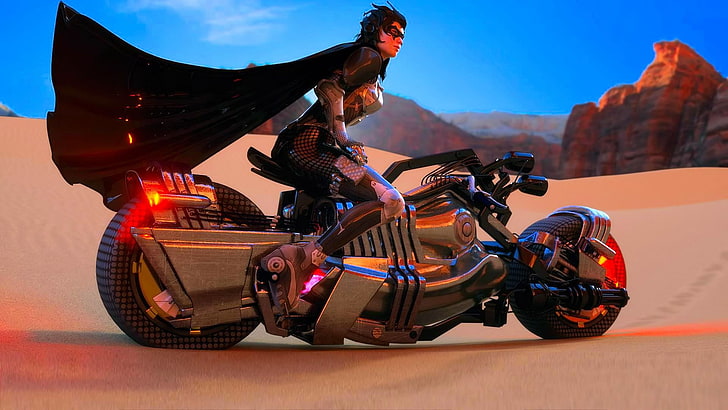 анимированная дама в черном плаще езда на мотоцикле по пустыне в дневное время, CGI, HD обои