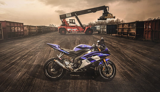 фиолетово-серый спортивный мотоцикл Yamaha, мото, вечер, контейнер, мотоцикл, Yamaha, спортбайк, Yamaha R6, погрузчик, HD обои HD wallpaper