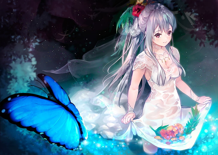 :-), water, butterfly, girl, anime, summer, manga, cocoa, blue, HD wallpaper