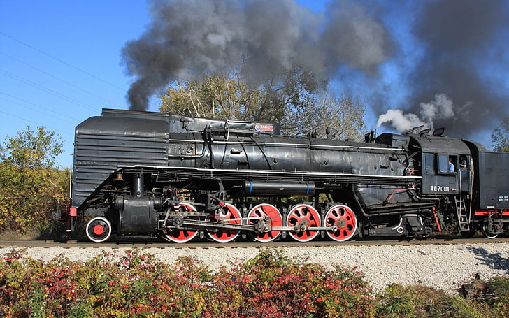 黒い機関車、蒸気機関車、機関車、電車、屋外、鉄道、 HDデスクトップの壁紙