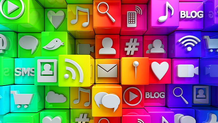 iconos, redes sociales, redes sociales, multicolores, coloridos, 3d, cubos, 8k uhd, Fondo de pantalla HD