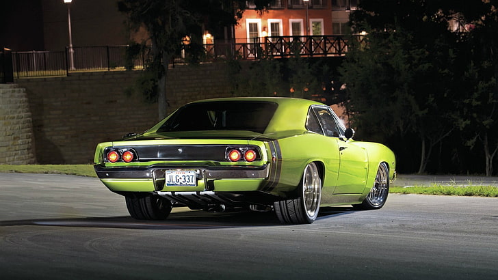 zielony muscle car, Dodge, Green, Charger, Night, 1968, Tapety HD