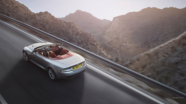 сребърен кабриолет купе, Aston Martin DB9, сребърни автомобили, път, пейзаж, кола, превозно средство, HD тапет