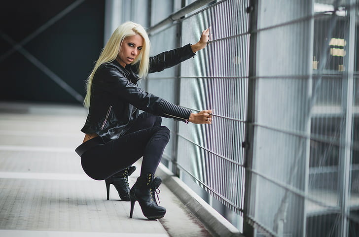 Black clothes, Angela Kutscher, model, blonde, women, leather jackets, HD wallpaper