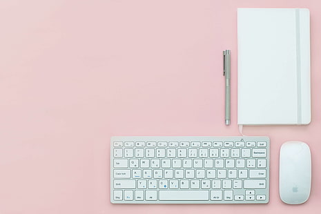apple, background, blogging, business, computer, creative, designer, desk, desktop, device, digitization, empty, from above, home office, keyboard, mockup, mouse, notebook, notes, office, office table, pastel, pink, te, HD wallpaper HD wallpaper