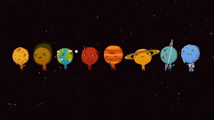 cute, sky, funny, art, darkness, solar system, space, graphics, planet, planets, illustration, planetary system, HD wallpaper