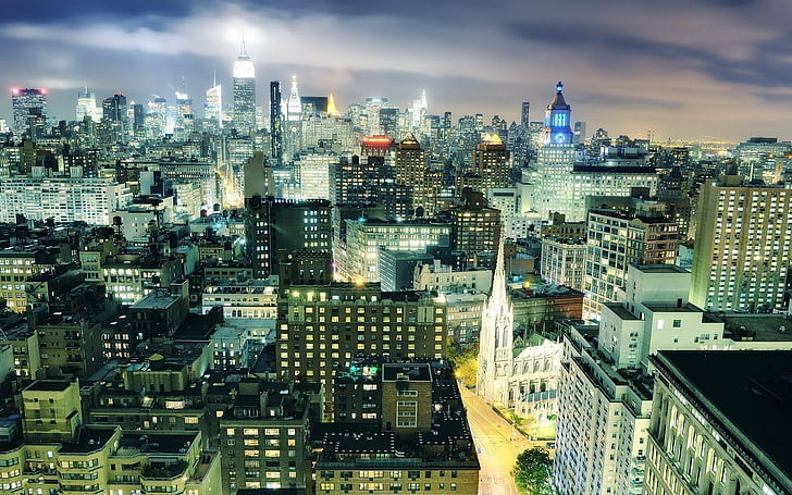 Cities, City, Manhattan, Midtown Manhattan, New York, Night, HD wallpaper