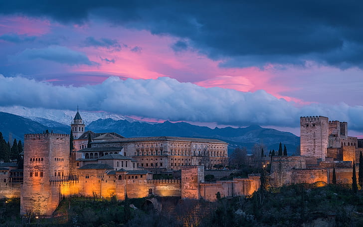 Alhambra Hiszpania, alhambra, noc, niebo, Tapety HD