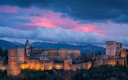 Альгамбра Испания, Альгамбра, ночь, небо, HD обои HD wallpaper