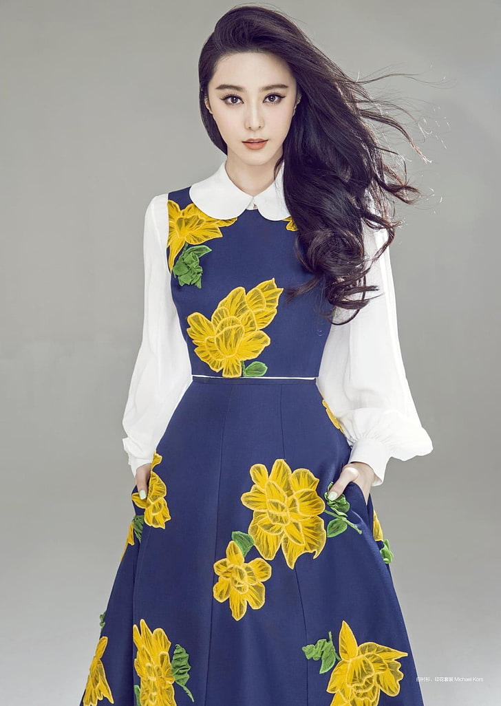 damska niebiesko-żółta sukienka w kwiaty, azjatycka, Fan Bingbing, Tapety HD, tapety na telefon