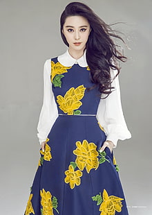 여자의 파란색과 노란색 꽃 드레스, 아시아, 팬 빙빙, HD 배경 화면 HD wallpaper