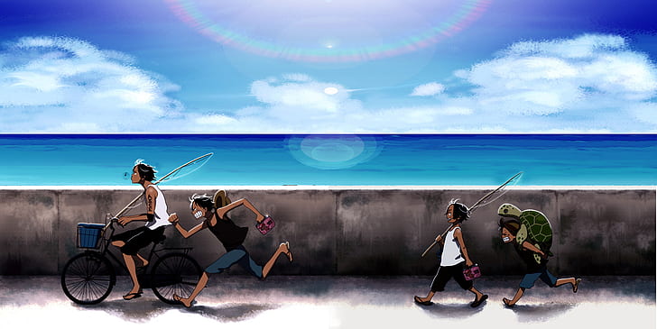 fishing rod, sea, anime boys, One Piece, turtle, anime, bicycle, HD wallpaper