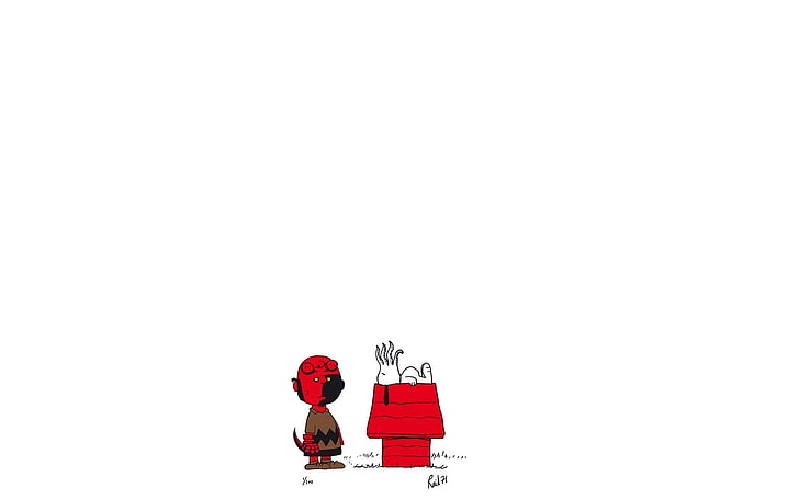 мальчик в сером топе, стоящий рядом с красным домом картинки, Снупи, Ктулху, Хеллбой, минимализм, мультфильм, простой фон, Арахис (комикс), HD обои