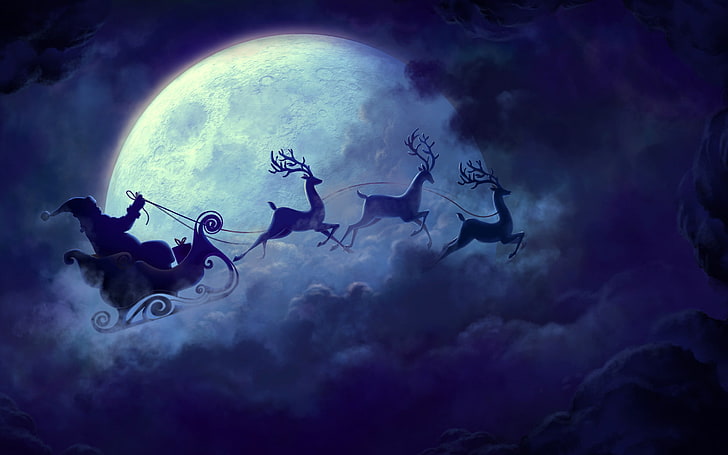 Fondo de pantalla digital de Santa Claus y ciervos, Navidad, Luna, trineo de Navidad, trineo, santa, Santa Claus, renos, nubes, Fondo de pantalla HD