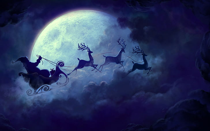 Christmas sleigh, Santa Claus, clouds, reindeer, Christmas, sleigh, Moon, santa, HD wallpaper