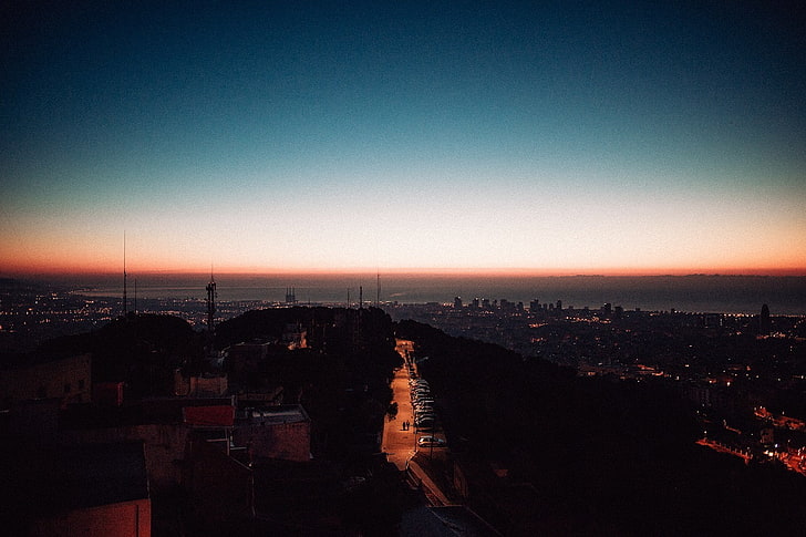 sunset, city, night, lights, HD wallpaper