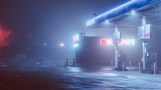 notte, lunga esposizione, strada, lampione, distributore di benzina, Elsa Bleda, Sfondo HD HD wallpaper