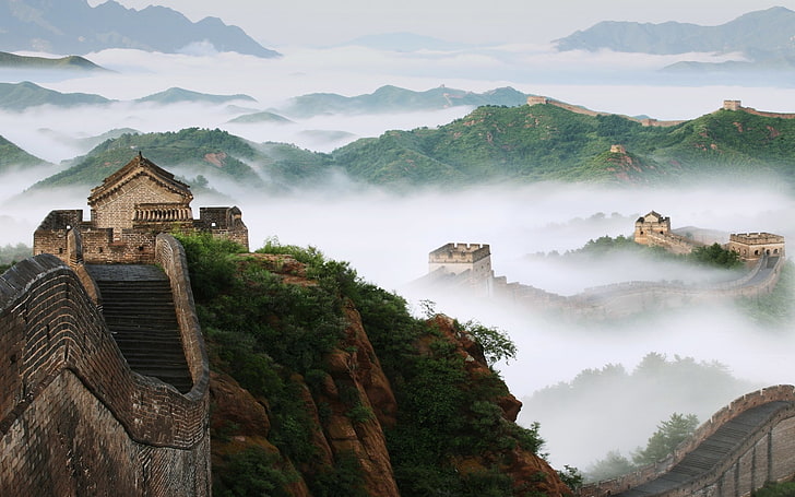 архитектура, кирпичи, Китай, лес, Великая китайская стена, Хилл, пейзаж, туман, природа, скалы, лестницы, башня, деревья, HD обои