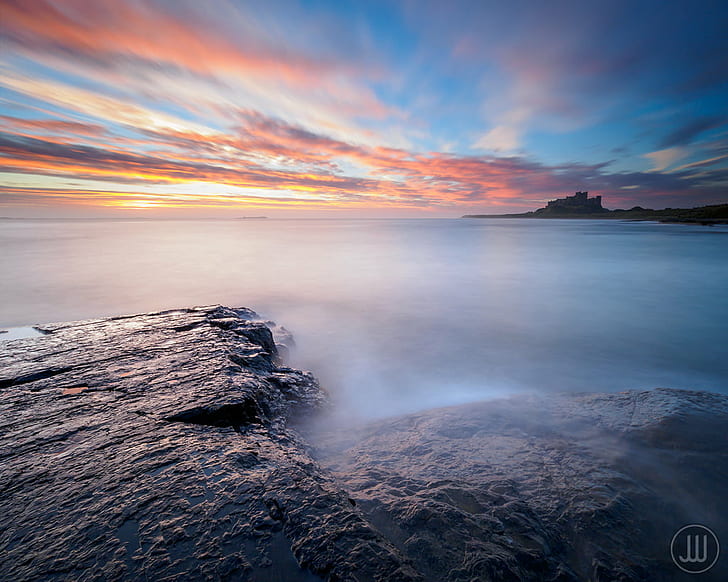 rock time lapse photo during sunset, Sunrise, rock, time lapse, photo, sunset, Bamburgh Castle, Northumberland  Coast, Coastline, Shore, Rocks, Sky, Clouds, Motion  Blur, Long Exposure, Morning, Cool, Calm, Peaceful, Sea, Yellow, Texture, Light, Shadow, Outdoors, Landscape, Seascape, M1, OLYMPUS, M.7, F2.8, Little, Stopper, Lee FIlters, James, Whitesmith, nature, beach, dusk, scenics, rock - Object, water, sunrise - Dawn, beauty In Nature, HD wallpaper