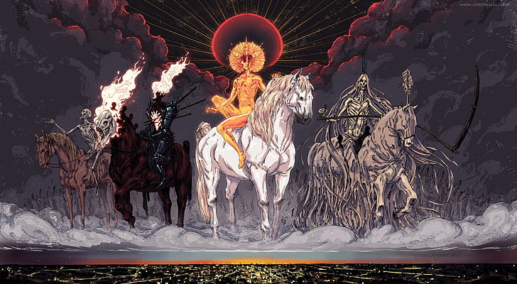 pittura di quattro cavalieri, quattro cavalieri dell'Apocalisse, carestia, morte, guerra, conquista, Sfondo HD