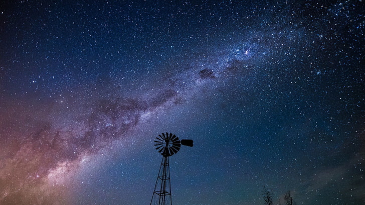 Milchstraße Zentrum, Natur, Landschaft, Nacht, Sterne, Langzeitbelichtung, klarer Himmel, Turm, Bäume, Milchstraße, Räder, Silhouette, HD-Hintergrundbild