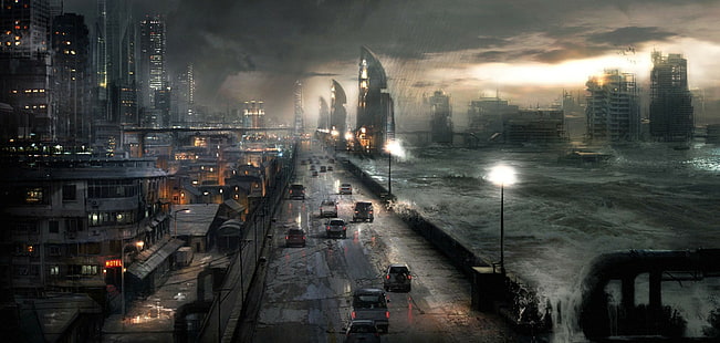 Città, alluvione, strada, automobili, notte, città, alluvione, strada, automobili, notte, 2048x975, Sfondo HD HD wallpaper