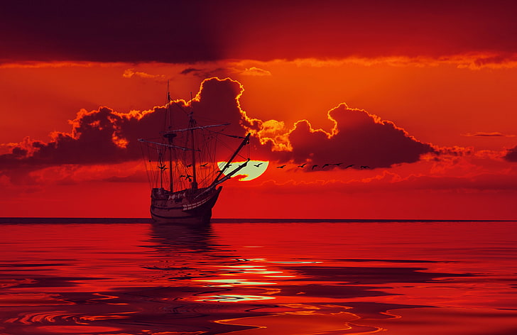 laut, langit, matahari, awan, burung, kapal, perahu layar, horizon, cahaya, siluet, tiang kapal, Grafik 3D, Wallpaper HD
