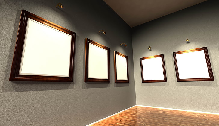 five brown wooden frames, gallery, room, photos, paintings, frames, wall, floor, HD wallpaper