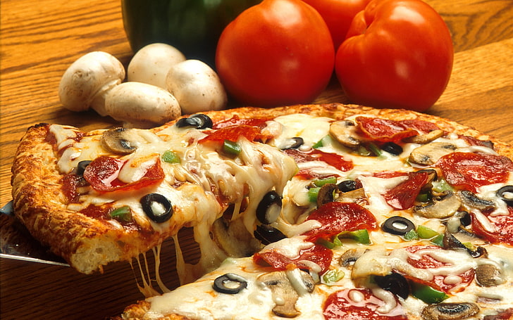 하와이안 피자, 맛있는, 음식, 올리브, 피자, 버섯, 치즈, HD 배경 화면