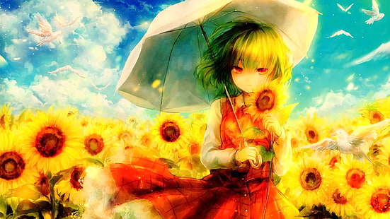 аниме, аниме момичета, къса коса, червени очи, слънчогледи, чадър, небе, облаци, птици, гледане на зрителя, Touhou, Kazami Yuuka, HD тапет HD wallpaper