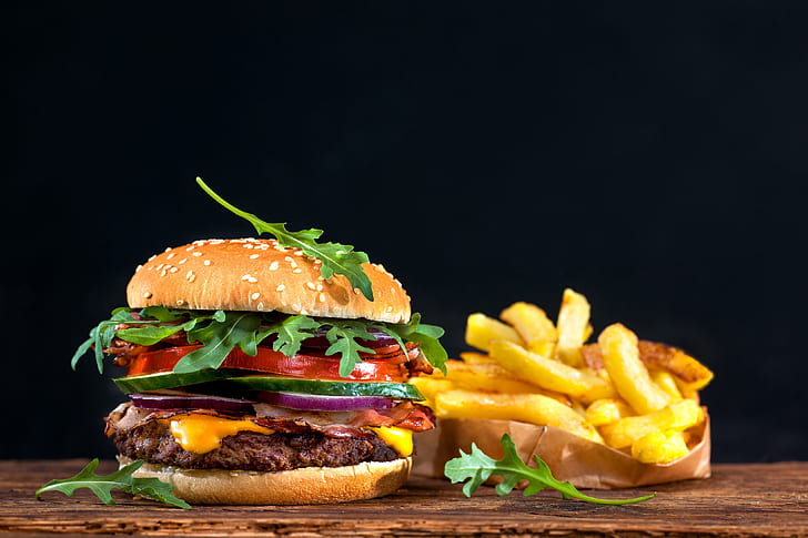 black background, sandwich, hamburger, bokeh, fast food, French fries, HD wallpaper