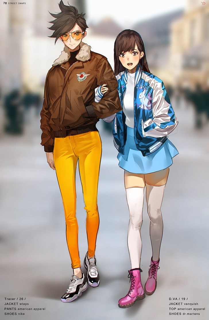 black haired man wearing brown jacket and yellow pants illustration, anime, anime girls, Overwatch, D.Va (Overwatch), Tracer (Overwatch), short hair, long hair, HD wallpaper
