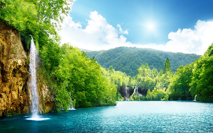 Stunning Nature Corner Landscape, green trees, background, lake, forest, cascade, water falls, HD wallpaper