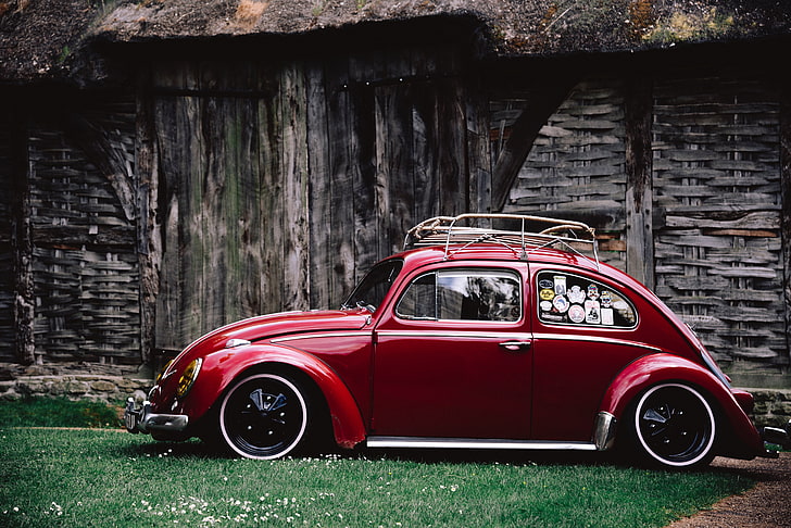 czerwony coupe Volkswagen Beetle, samochód, czerwony, retro, widok z boku, Tapety HD
