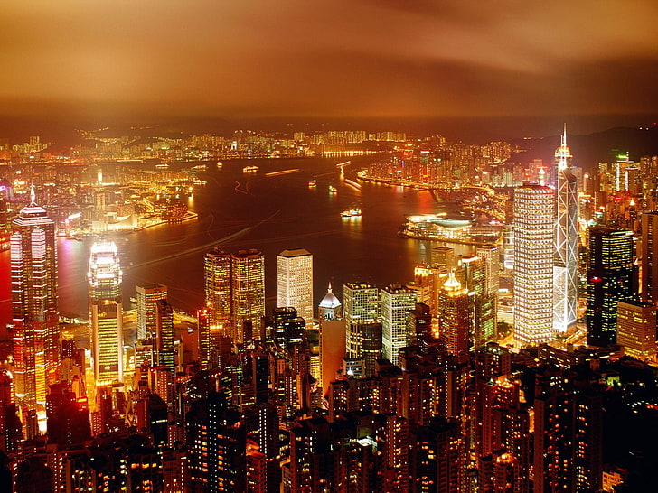 City Of Life Hong Kong, wieżowce, widoki miast, Hongkong, pejzaż miejski, noc, Tapety HD