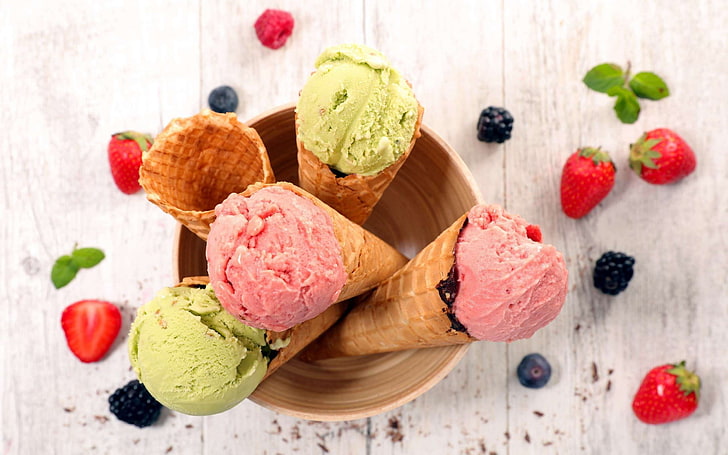 food, ice cream, berries, fruit, strawberries, HD wallpaper