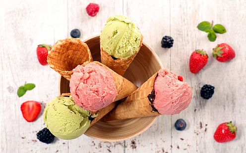 food, ice cream, berries, fruit, strawberries, HD wallpaper HD wallpaper