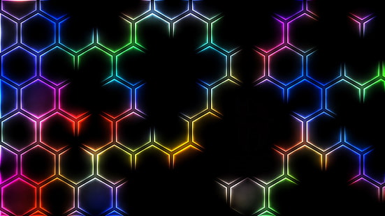 Abstract, Pattern, Black, Colorful, Colors, Hexagon, Rainbow, HD wallpaper HD wallpaper