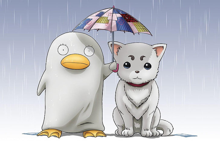 Gintama pies i kaczka tapeta cyfrowa, anime, proste tło, parasol, kaczka, szczenięta, Gintama, Sadaharu, Elizabeth (Gintama), Tapety HD