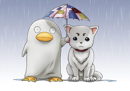 Gintama pet dog and duck digital wallpaper, anime, simple background, umbrella, duck, puppies, Gintama, Sadaharu, Elizabeth (Gintama), HD wallpaper HD wallpaper