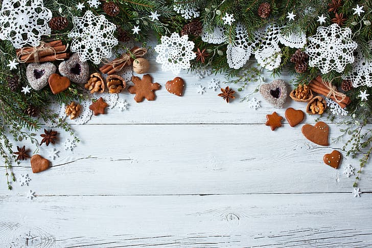 الديكور ، الثلج ، الشجرة ، السنة الجديدة ، ملفات تعريف الارتباط ، الكريسماس ، القلوب ، الخشب ، عيد ميلاد سعيد ، عيد الميلاد، خلفية HD