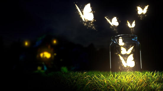 farfalle che volano fuori dal vaso sfondo, farfalla, bottiglie, luci, arte digitale, vaso di vetro, profondità di campo, Sfondo HD HD wallpaper