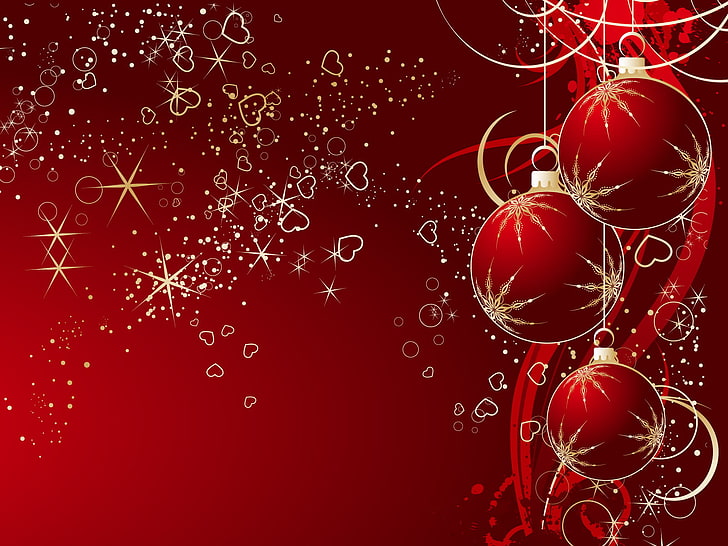 three red Christmas baubles, red, balls, new year, HD wallpaper