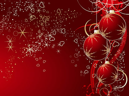 three red Christmas baubles, red, balls, new year, HD wallpaper HD wallpaper