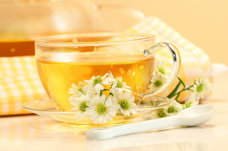 clear glass cup with saucer, flowers, table, tea, spoon, mug, drink, saucer, napkin, HD wallpaper